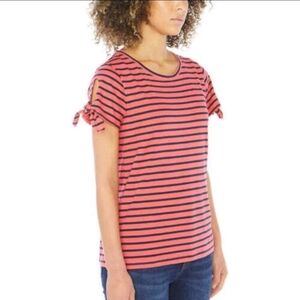 Nautica Womens Tie Sleeve Striped Top Red Black Short Sleeve Tee Shirt Large EUC